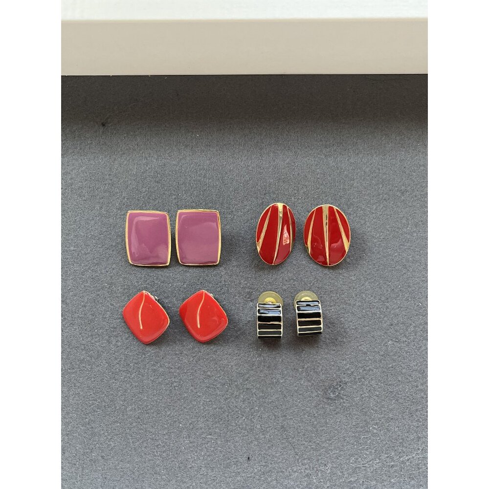 80s Style Colorful Enamel and Gold-Tone Pierced Geometric Earrings, Unmarked